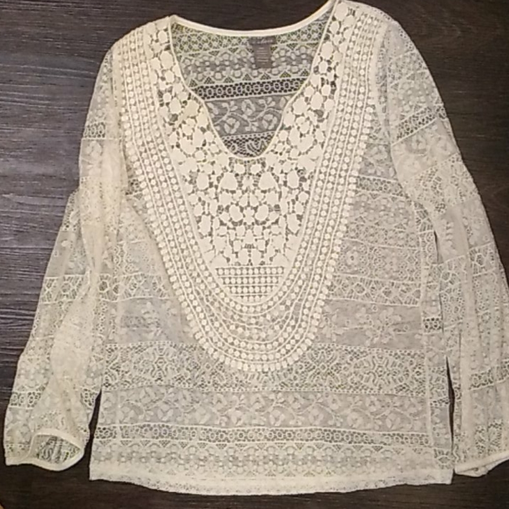 Crochet & lace stretchy top M off white